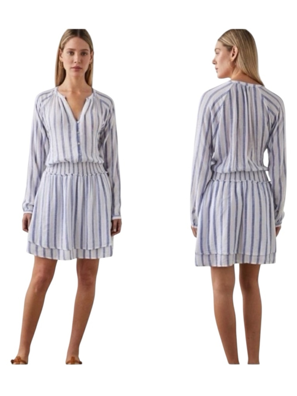 RAILS Jasmine Dress Villa Stripe Linen Blend Smocked Blue White Small